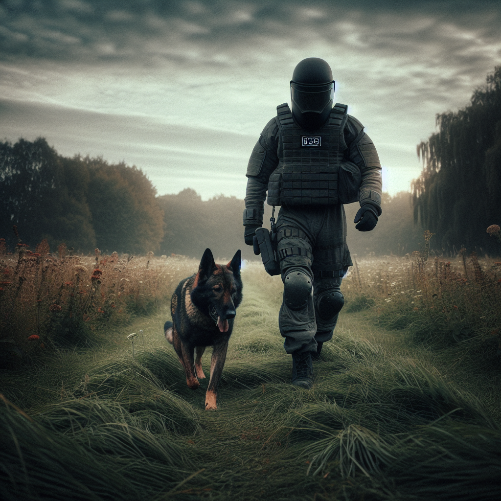 Helper decelerates during transport while a focused working dog holds position beside the handler on a UK field