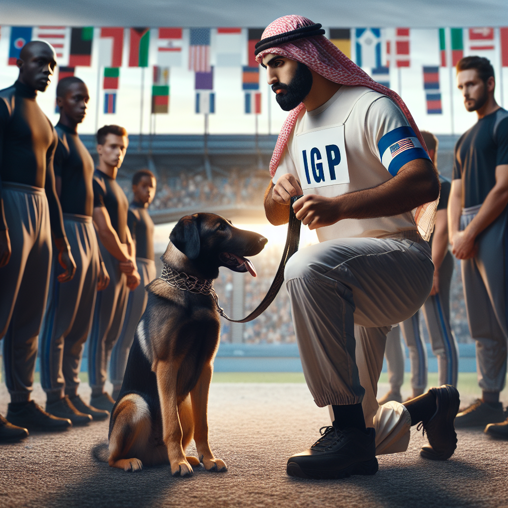 IGP handler and dog rehearse heeling before a team event with teammates and flags in the background