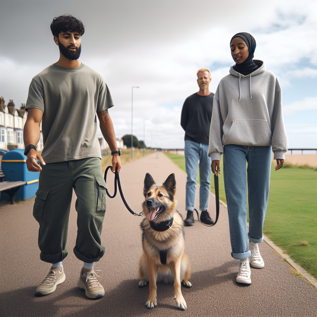 Trainer practising recall with a mixed-breed dog on a coastal green in Great Yarmouth