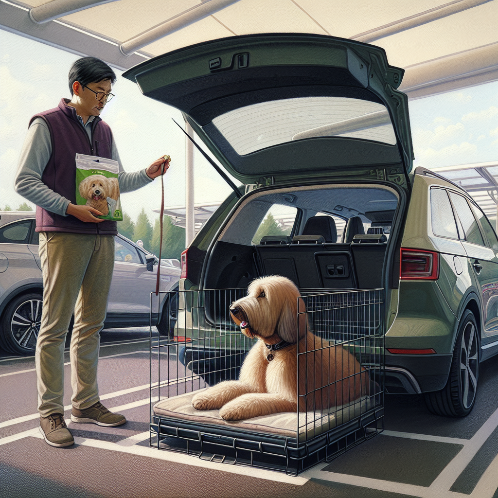 Dog resting quietly in a crate inside a UK family car while a trainer reinforces calm behaviour