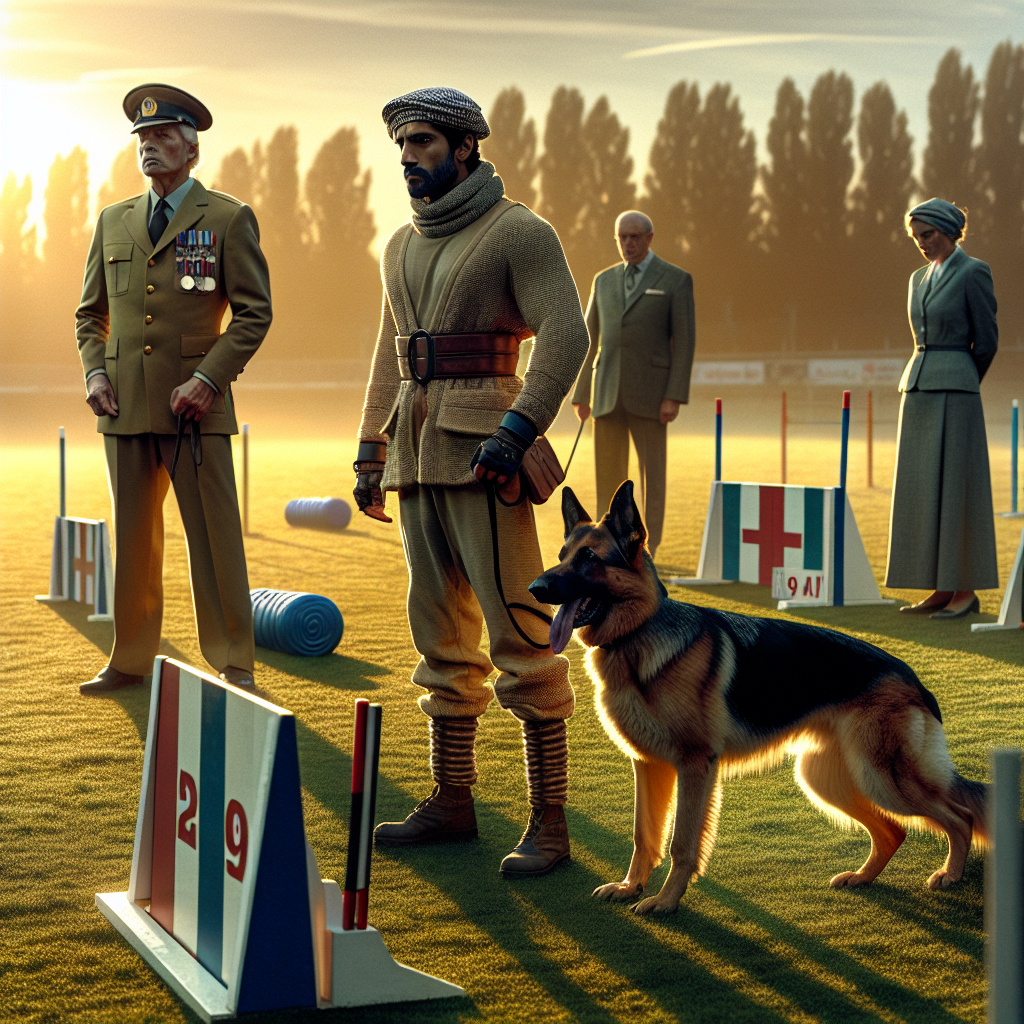 German Shepherd and trainer rehearsing IGP heeling near regulation jumps with blinds and helper on a UK field at sunset