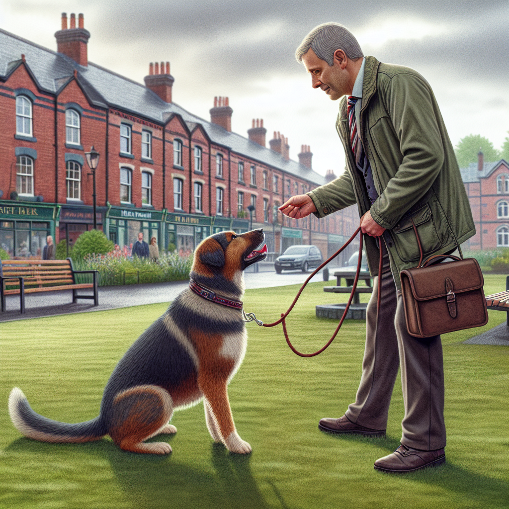 Trainer coaching focus and heel with a mixed breed dog in a Wrexham green space