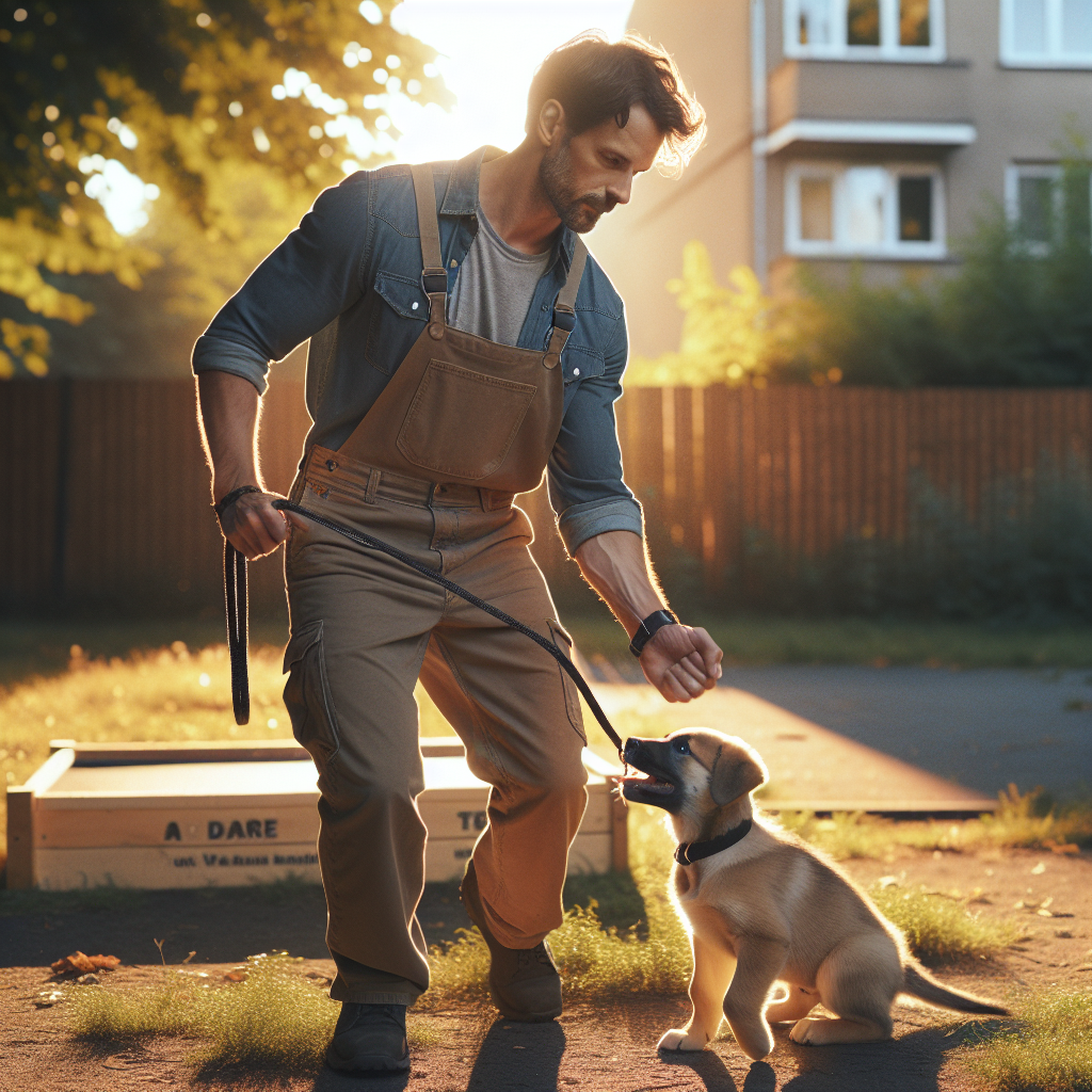 UK trainer guiding a puppy with light leash pressure in a quiet park during an early pressure desensitisation session