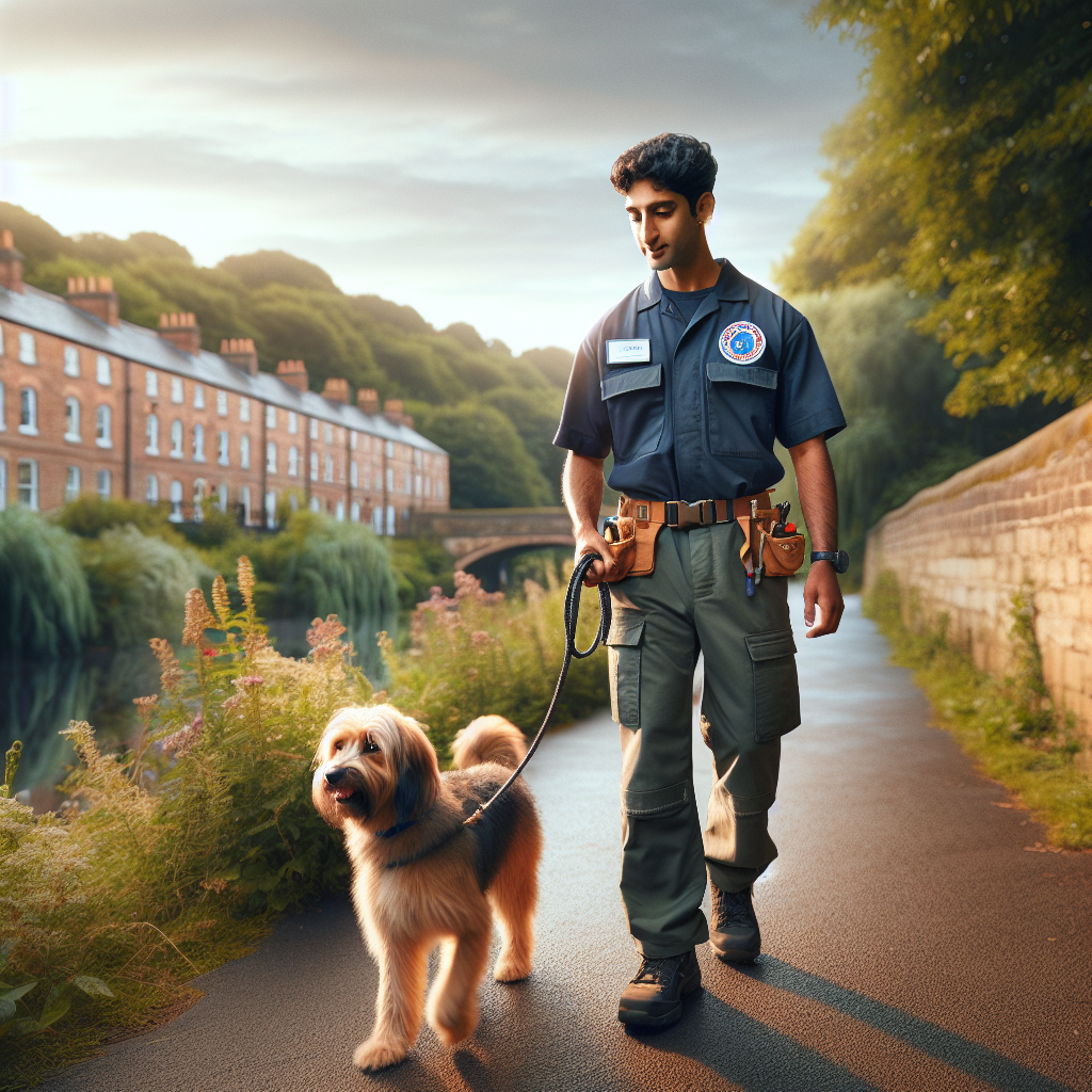 Smart trainer practising loose lead walking with a mixed breed dog on a leafy riverside path in a South Yorkshire town