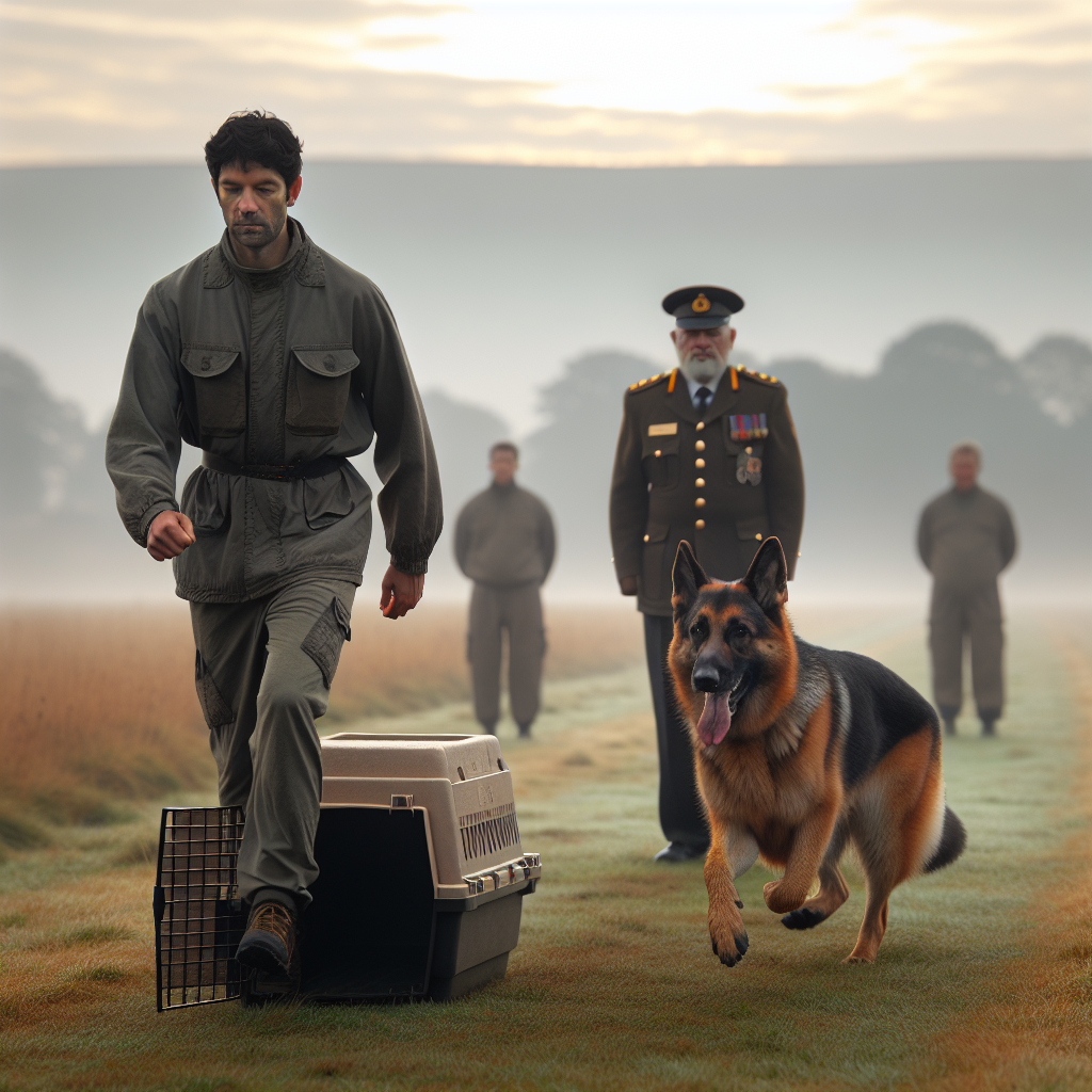 IGP handler guiding a focused German Shepherd from crate to start line on a UK trial field at dawn