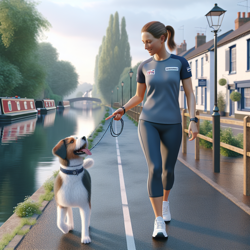 Trainer teaching loose lead walking with a dog on a riverside path in a UK town