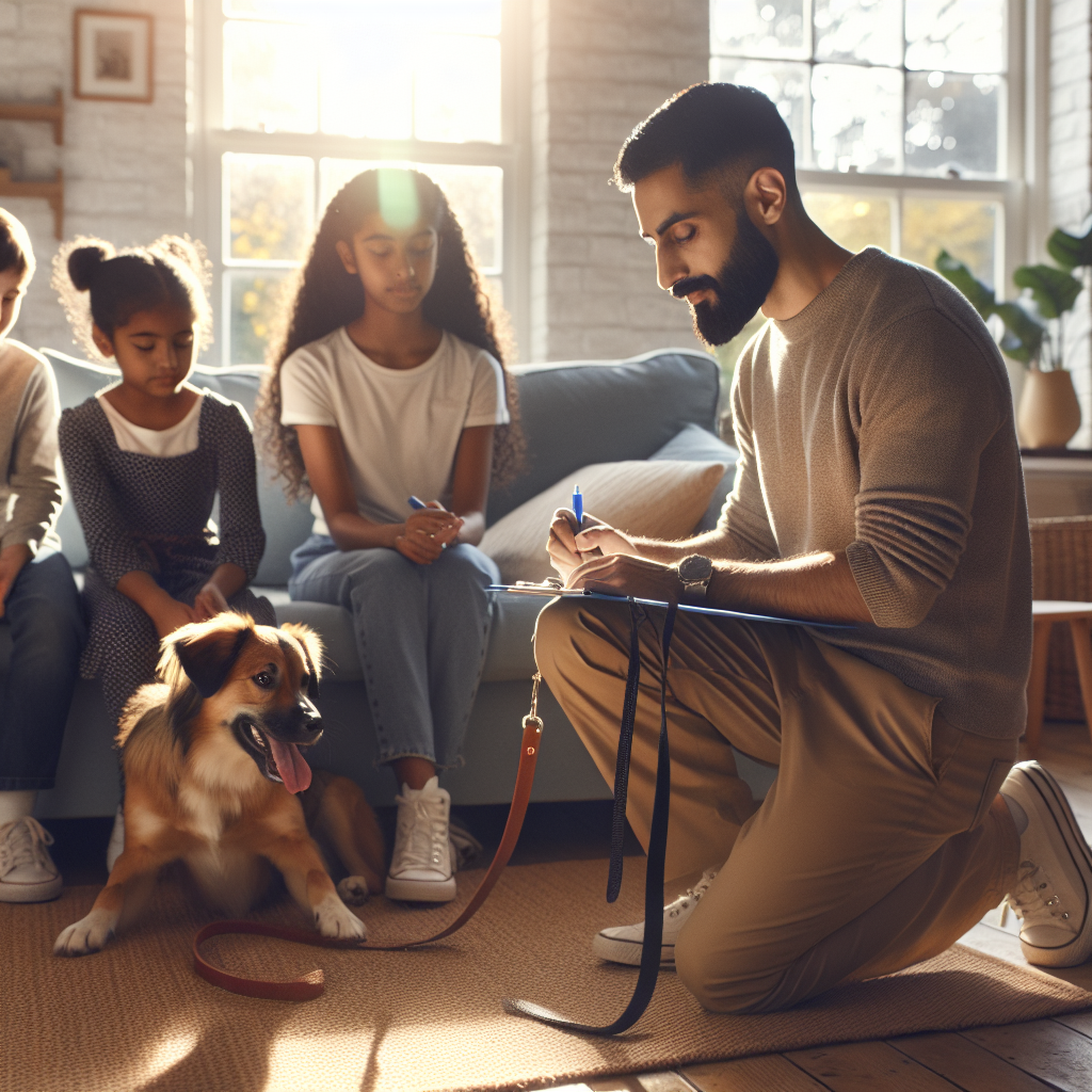 SMDT coaching a family and their dog through a calm reset after a tough training session in a UK living room