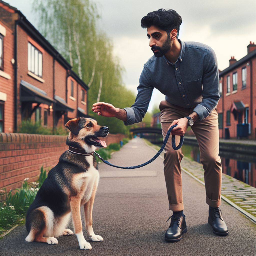 Trainer guiding a mixed-breed dog on loose lead and focus in a Dukinfield street with nearby green space