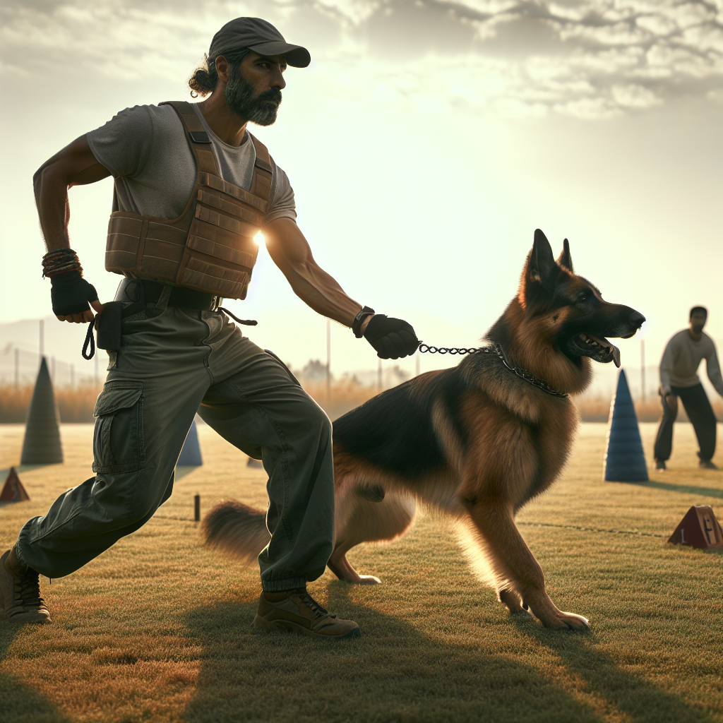 Handler over 40 practising IGP heeling and long line skills with a German Shepherd on a UK training field