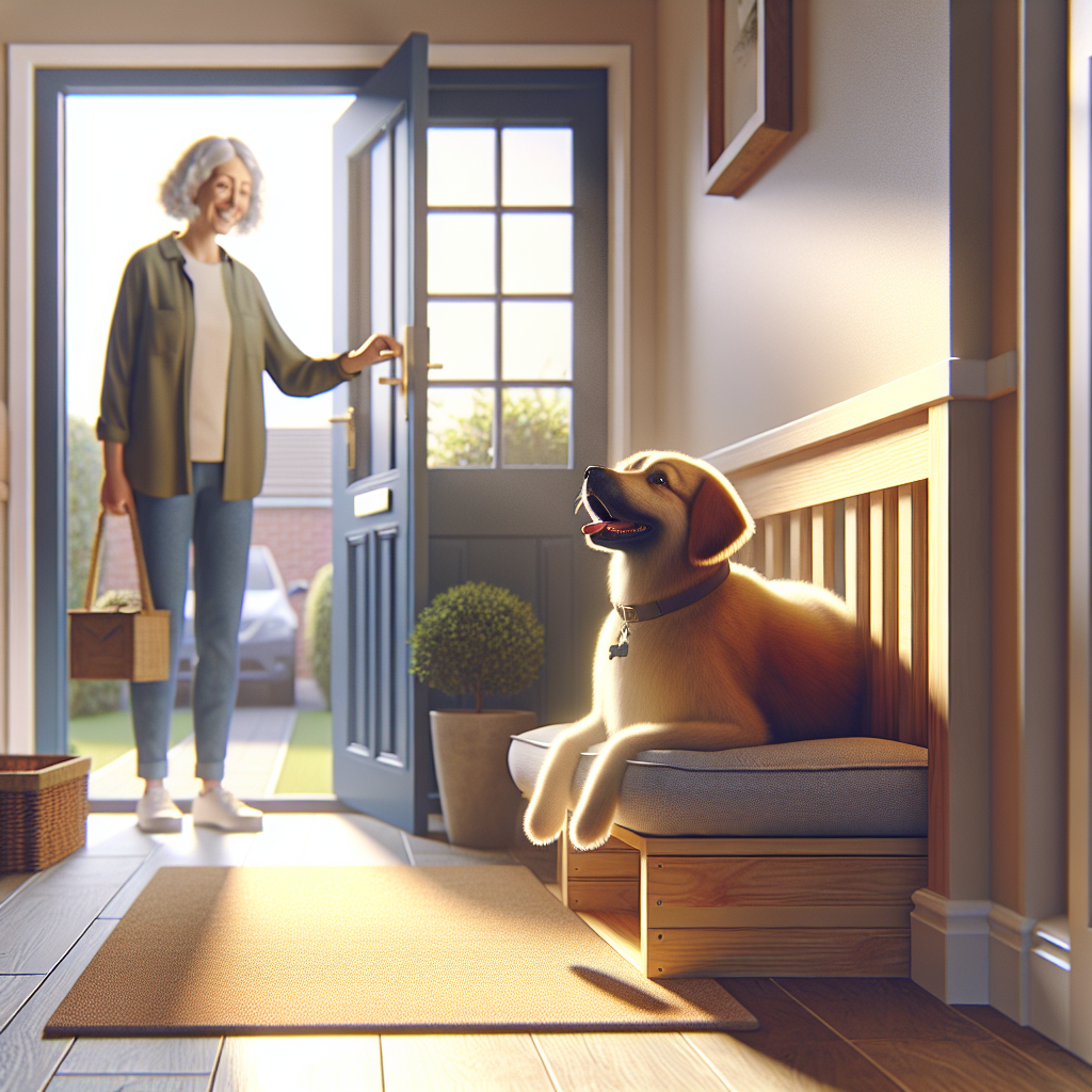 Calm dog on a Place bed by the front door as visitors enter a UK home