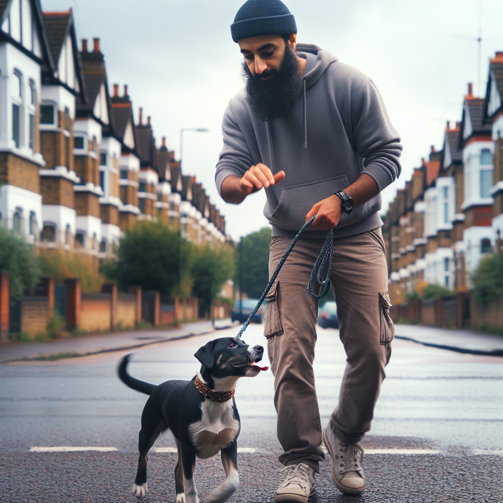 UK dog trainer practising loose lead walking with a mixed-breed dog in a Havering green space