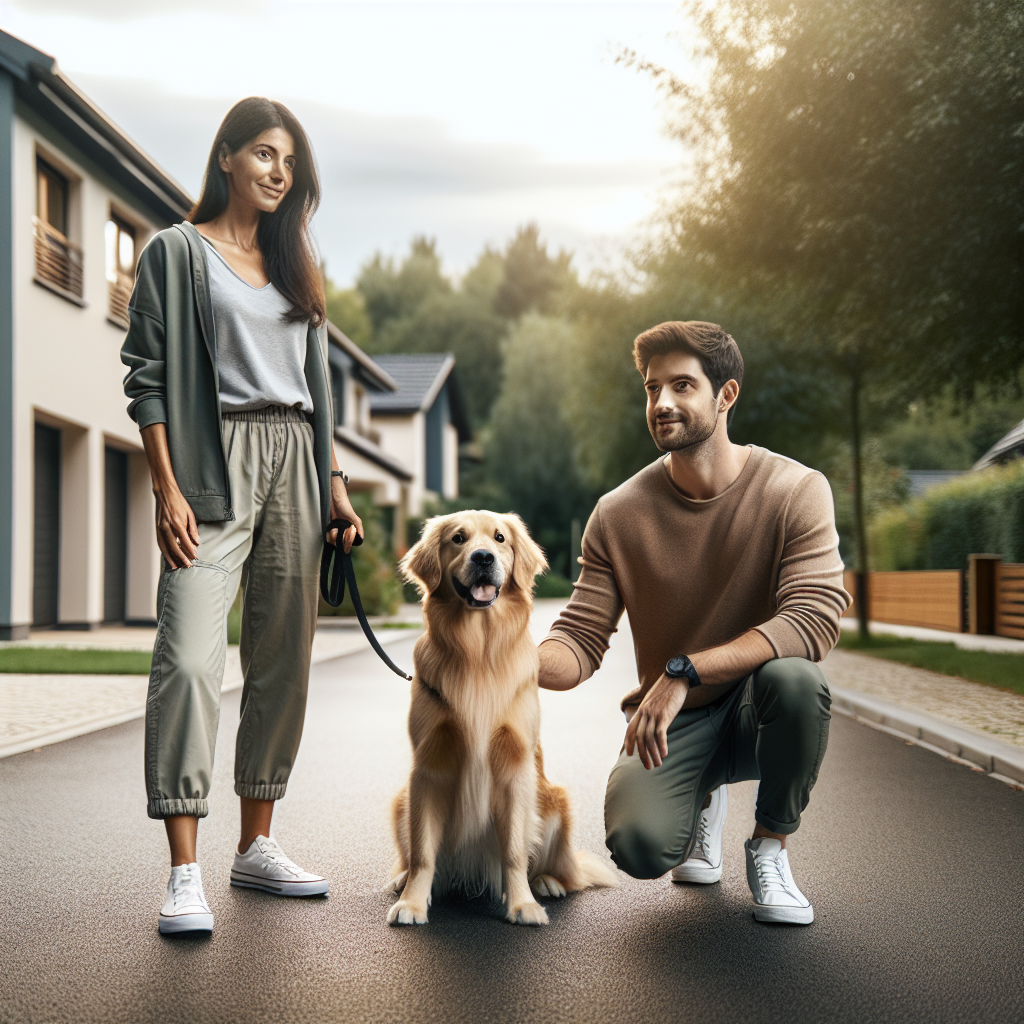 UK trainer and owner building a working relationship with a golden retriever through heel and place on a quiet street