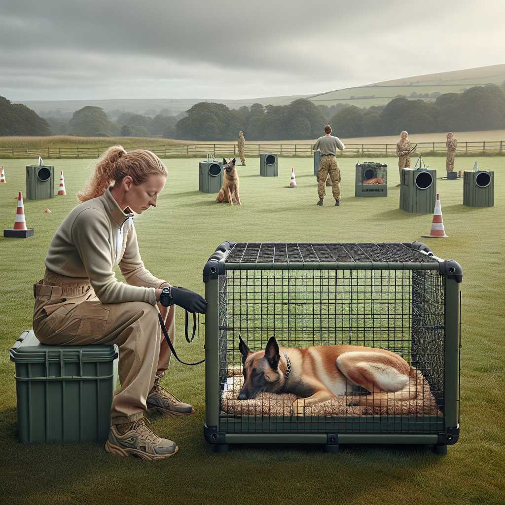 Handler rewarding a calm Malinois in a covered crate beside a UK trial field