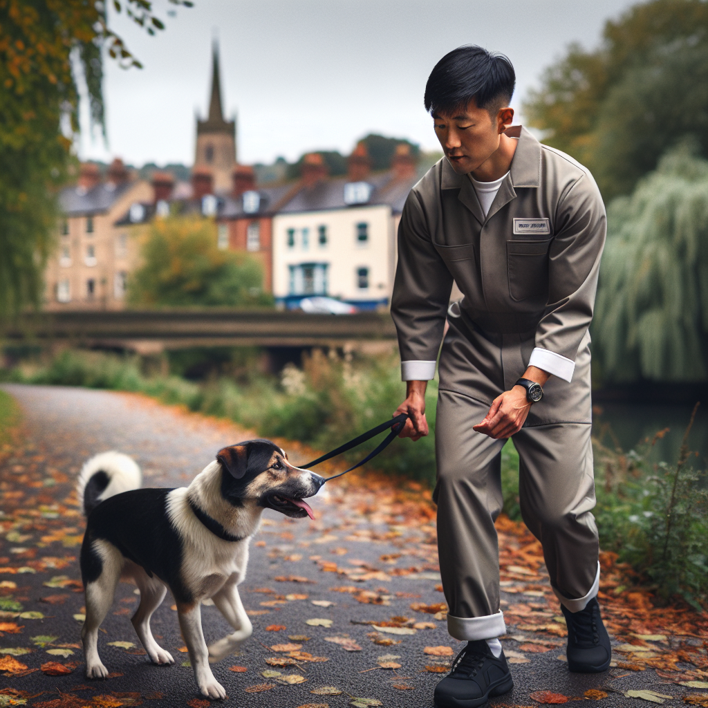 Trainer practicing loose lead walking with a focused dog in a riverside park setting