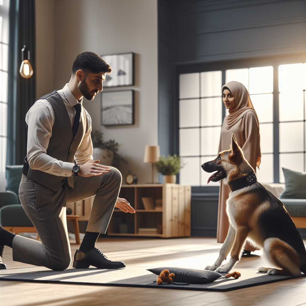 Trainer guiding a dog to hold a down-stay on a mat with mild distractions in a UK home