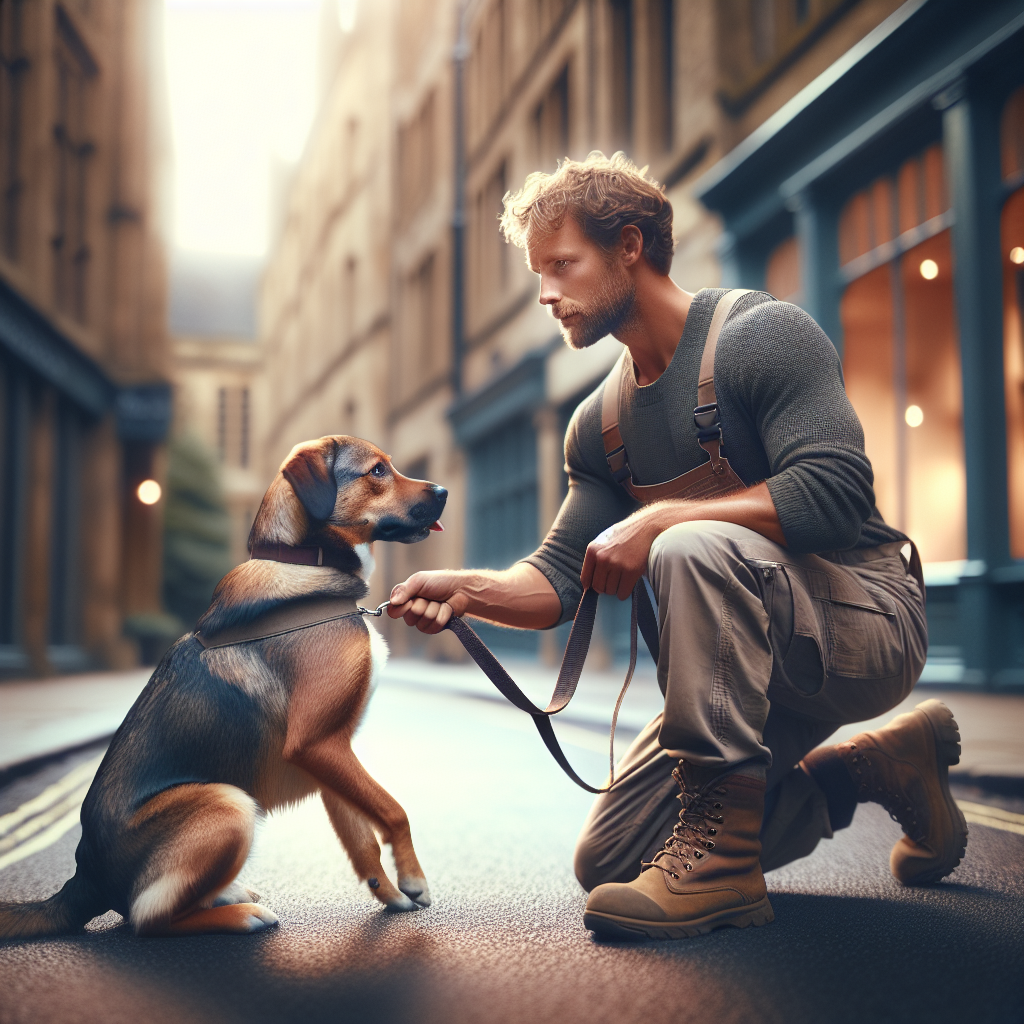 Trainer guiding a mixed breed dog into a calm sit at heel on a UK street after a missed redirect