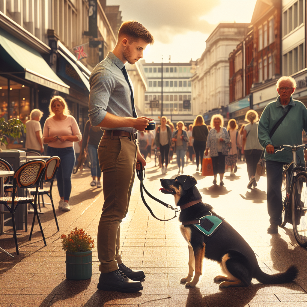 Trainer proofing heel and place with a focused dog on a busy UK high street