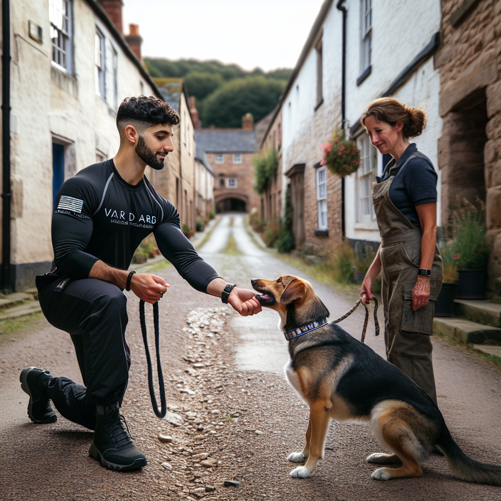Trainer rewarding a mixed breed dog for calm loose lead walking near a historic Shropshire town lane