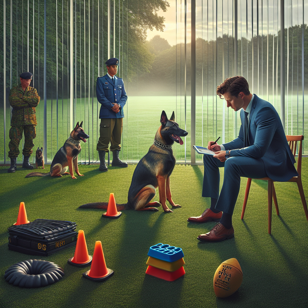 UK pro trainer with Malinois and German Shepherd setting up an IGP weekly schedule with tracking articles, cones, and a helper near blinds at sunrise