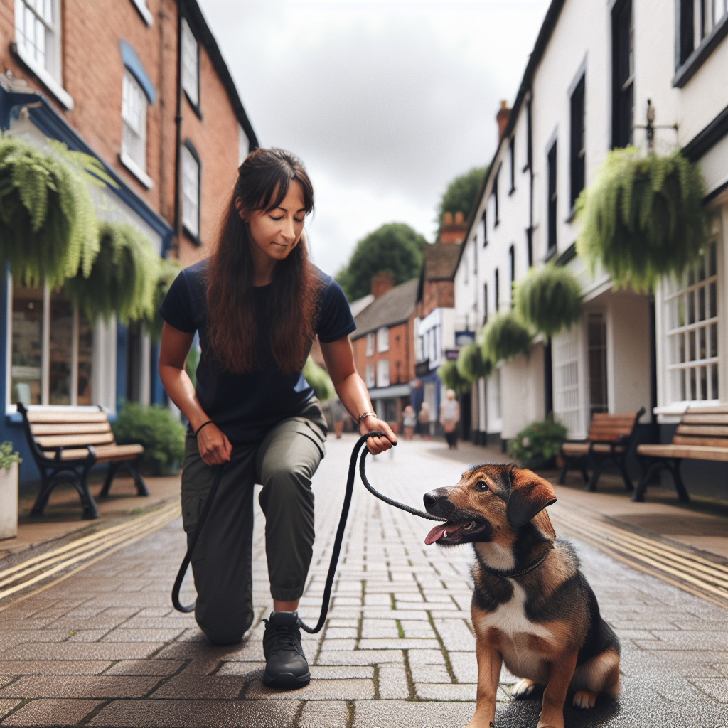 Trainer practising loose lead walking and settle with a mixed breed dog in a quiet Shropshire town street