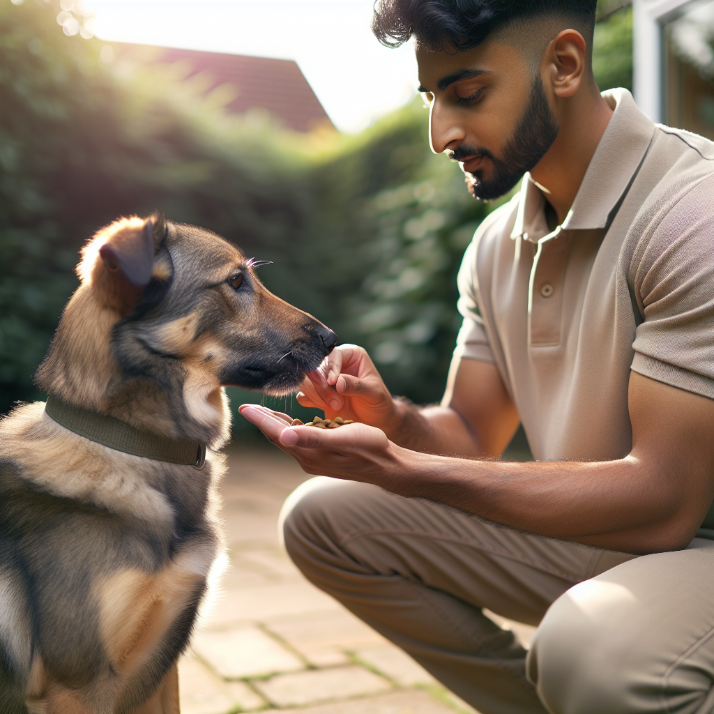 UK trainer delivering a calm food reward to a seated mixed breed dog in a garden