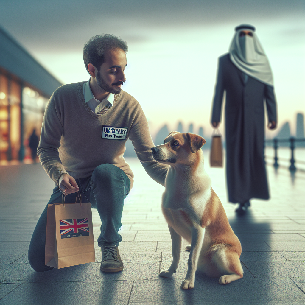Smart trainer reinforcing a calm sit stay as a passerby walks by on a UK street