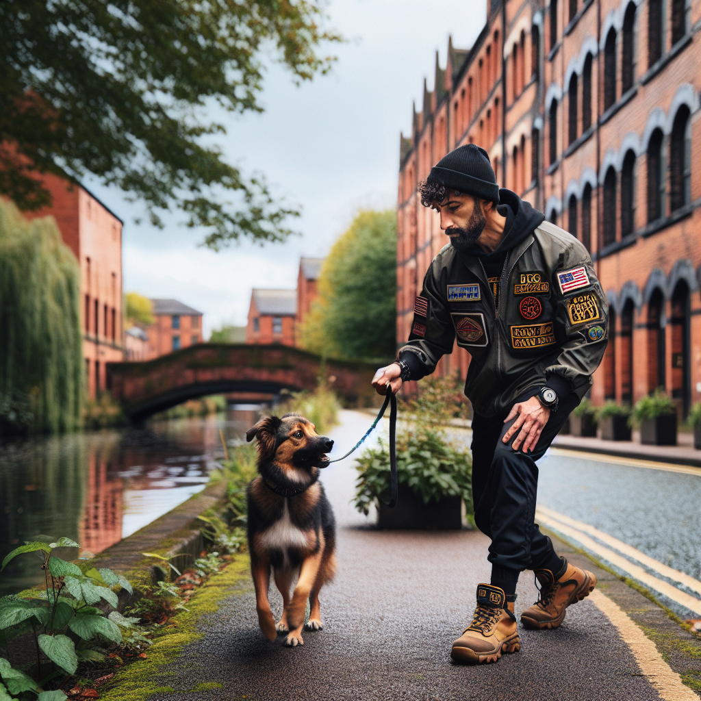 Trainer practicing heel and recall with a mixed-breed dog on a leafy Leeds-style urban path