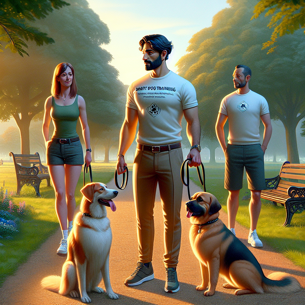 Trainer guiding two dogs through a calm greeting near a UK dog park gate