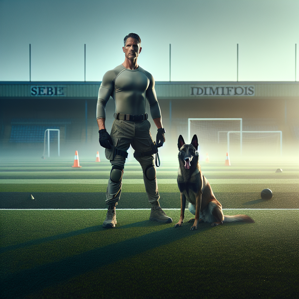 Trainer and Malinois in a calm neutral station during a reset on a UK field at sunrise