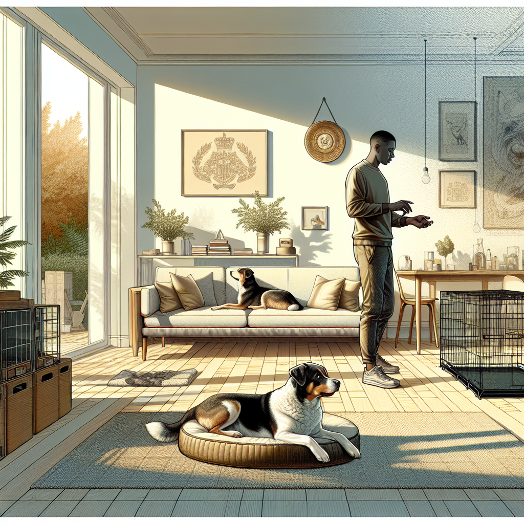 UK dog trainer coaching a family while their dog relaxes on a place bed in a calm living room