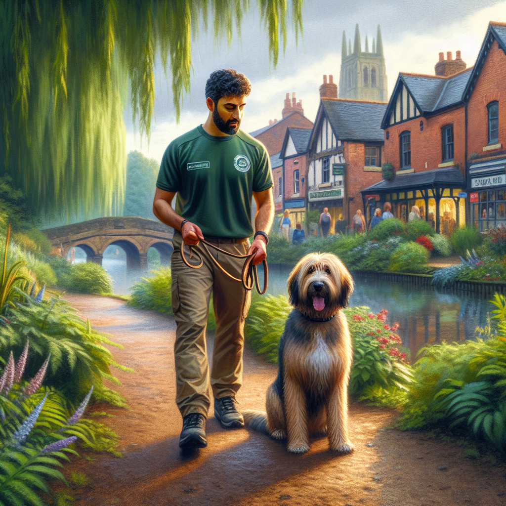 UK trainer practising loose lead walking and sit stay with a mixed breed dog in a leafy Congleton park