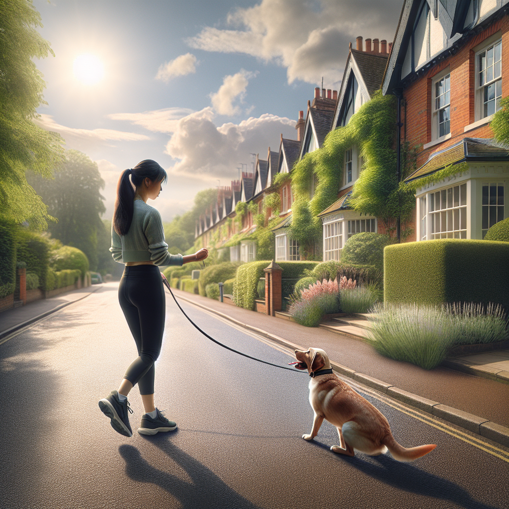 UK trainer rewarding a Labrador for loose leash walking on a quiet residential street