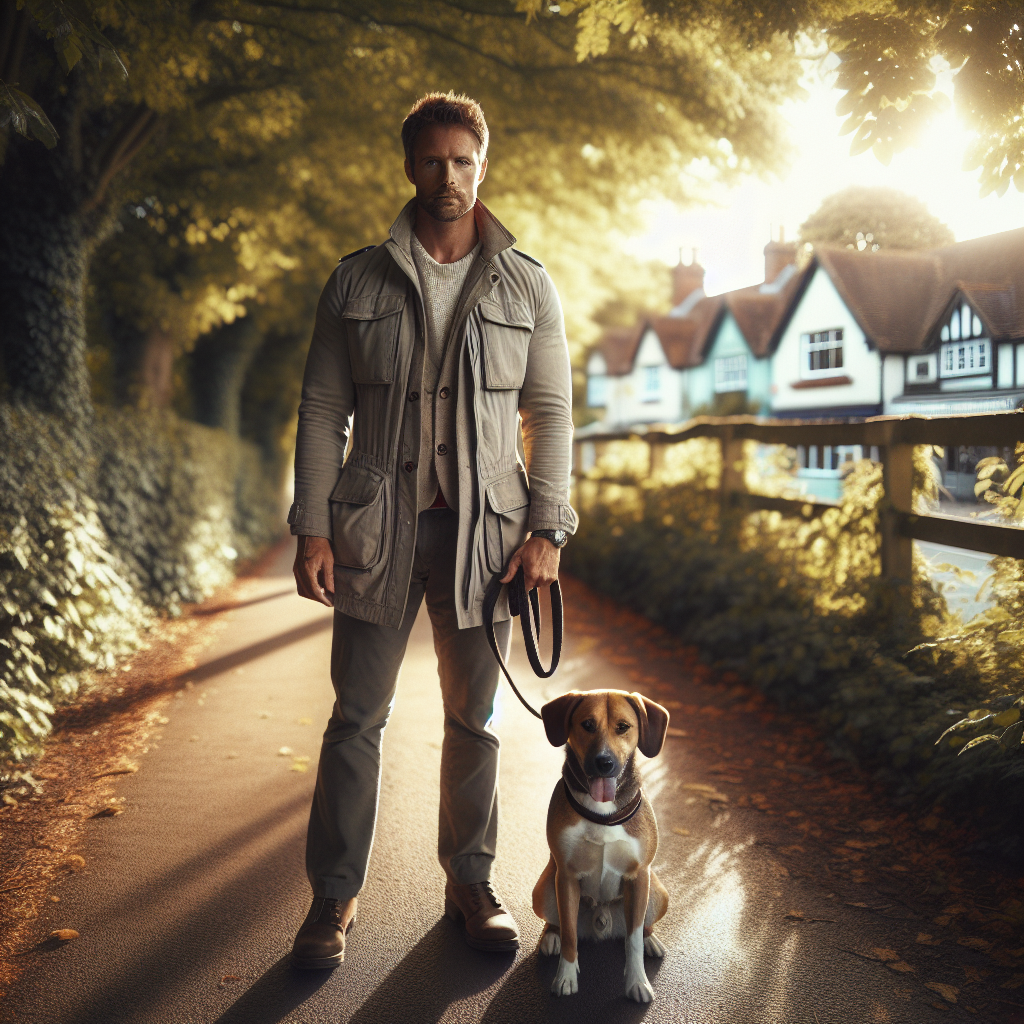 Trainer practising loose lead walking and recall with a mixed breed dog on a leafy path near a UK market town