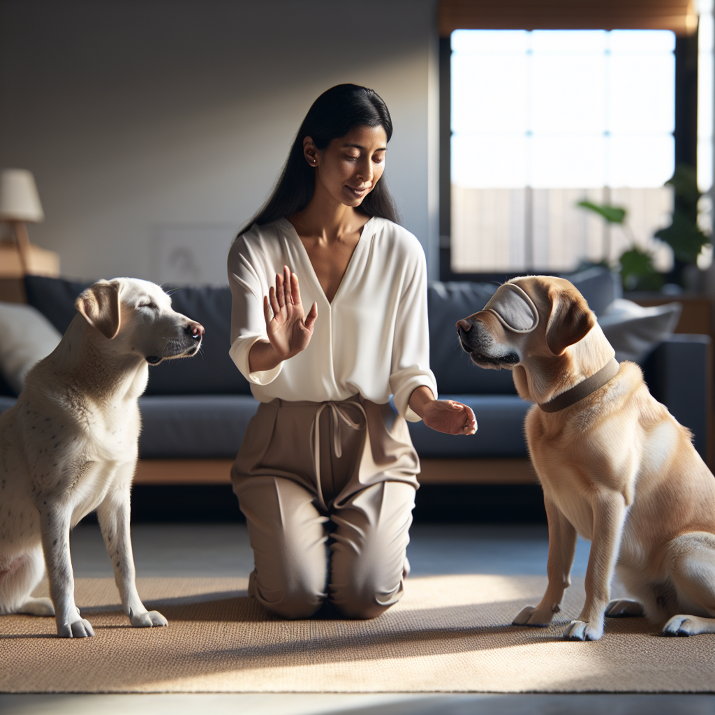 UK dog trainer using hand signals with a deaf dog and guiding a blind Labrador onto a place bed in a bright home