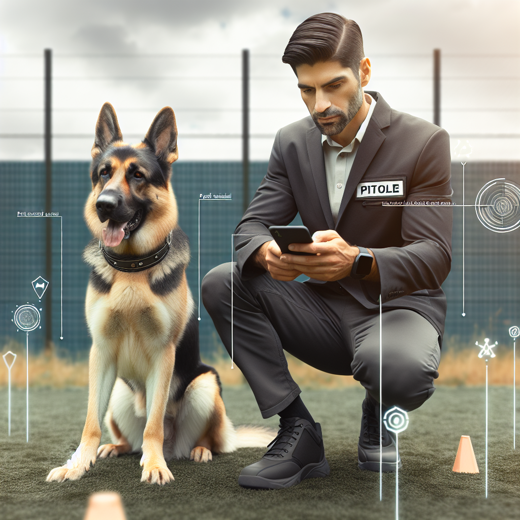 Trainer reviewing video while a German Shepherd maintains a calm sit during post trial analysis on a UK training field