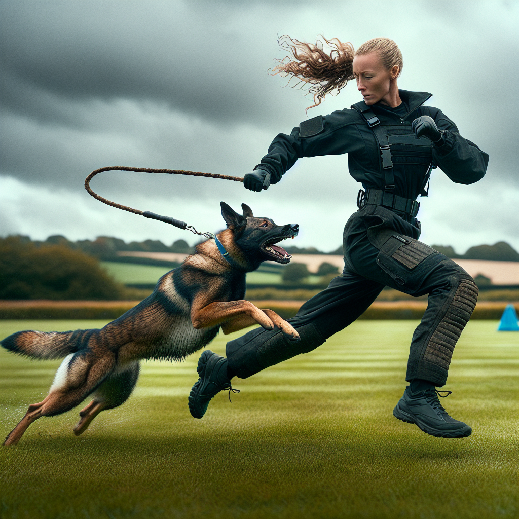 Trainer walking forward while a working dog swings tightly into heel during an IGP moving finish on a UK field