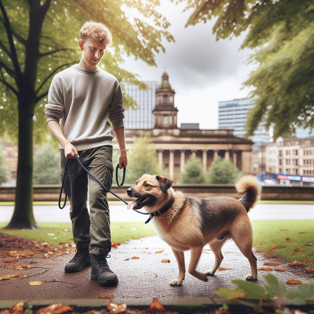 Trainer practising loose lead walking and recall with a mixed-breed dog in a Wolverhampton park