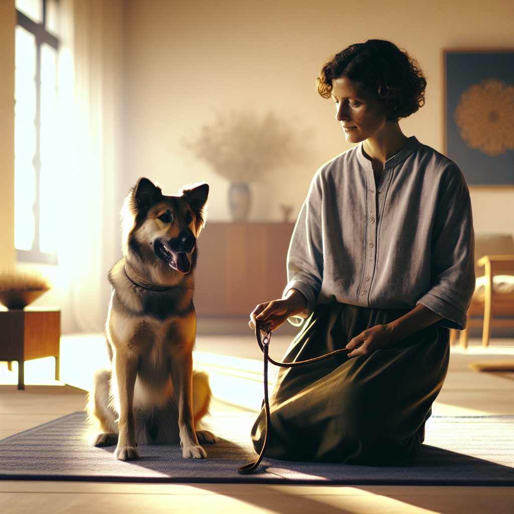 Trainer guiding a mixed-breed dog to a calm down on a raised bed during an indoor session
