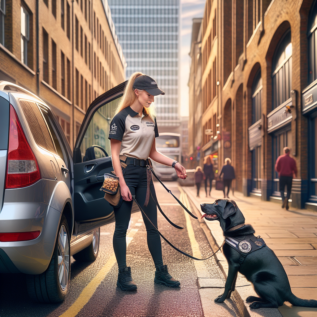 Trainer guiding a Labrador to pause calmly at an open car door on lead at a UK kerb