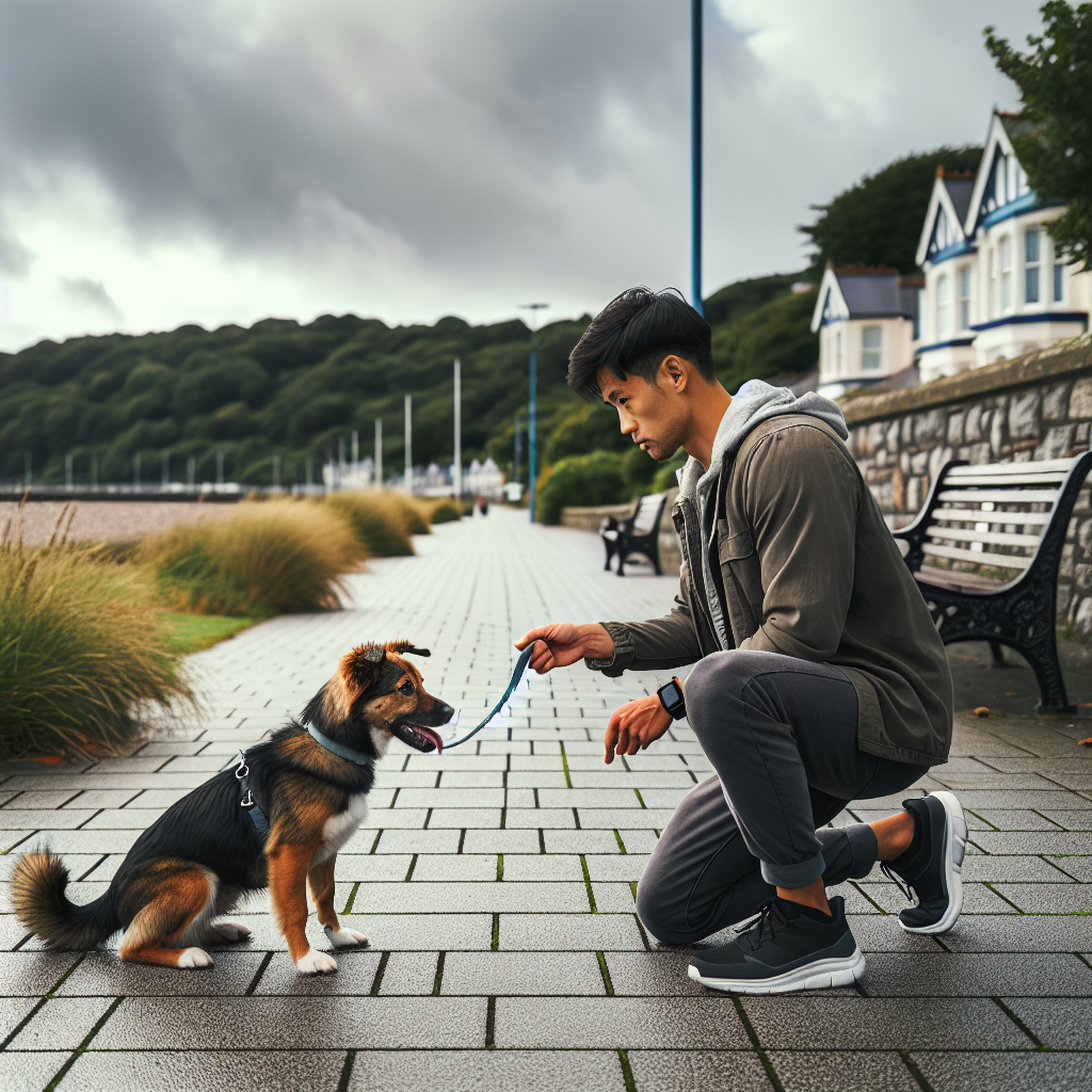Trainer practising heel and recall with a mixed breed dog on a coastal path in Bangor