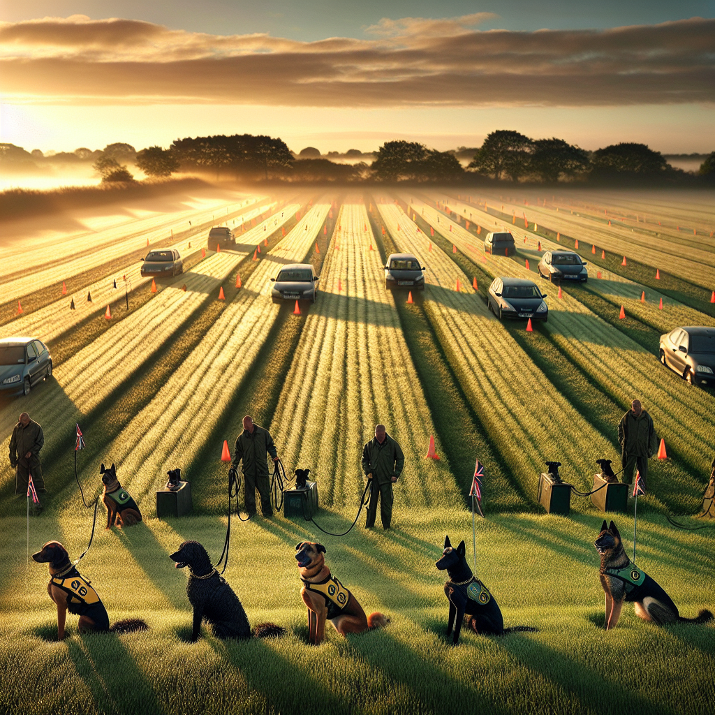 Three handlers prepare IGP tracking tracks for multiple dogs at dawn on a dewy UK field