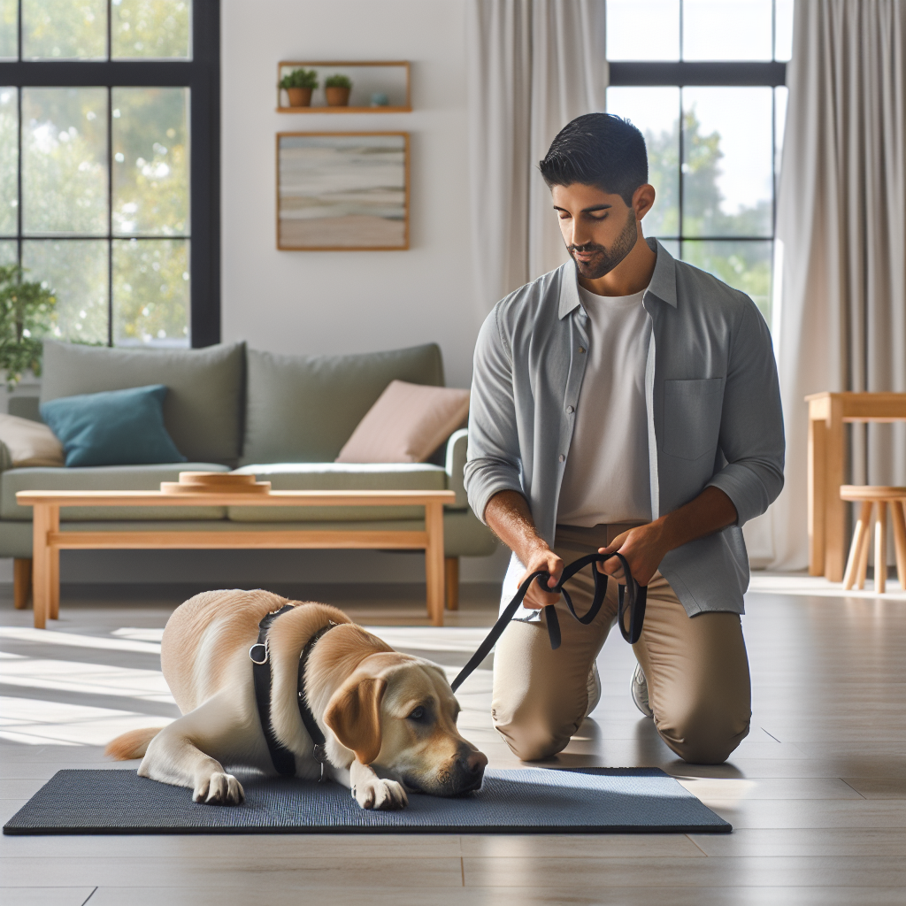 UK trainer guiding a Labrador through a calm reset on a mat with gentle leash and rewards