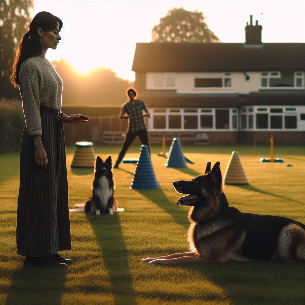 German Shepherd holding a calm down on an IGP field with a UK trainer reinforcing stillness