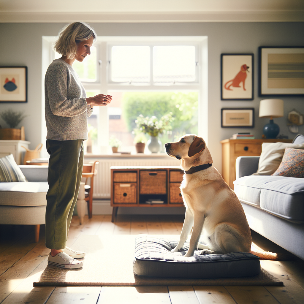 Trainer releases a Labrador from a down stay on a dog bed in a bright UK living room