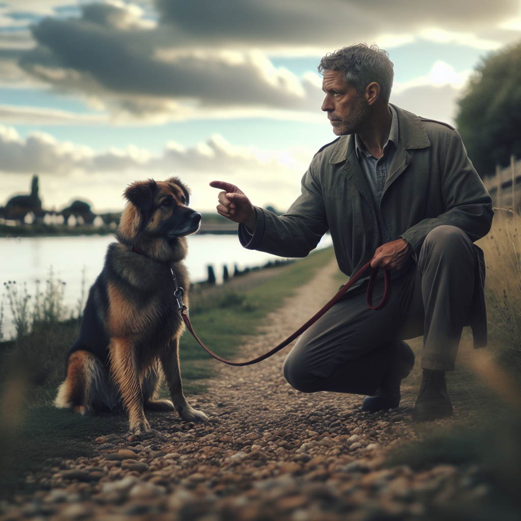 Trainer coaching loose lead walking with a shepherd mix beside a riverside path in Gillingham