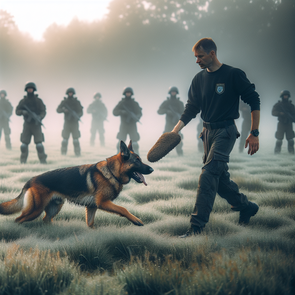 German Shepherd heeling calmly past a stationary helper during IGP mental wall drill on a UK field
