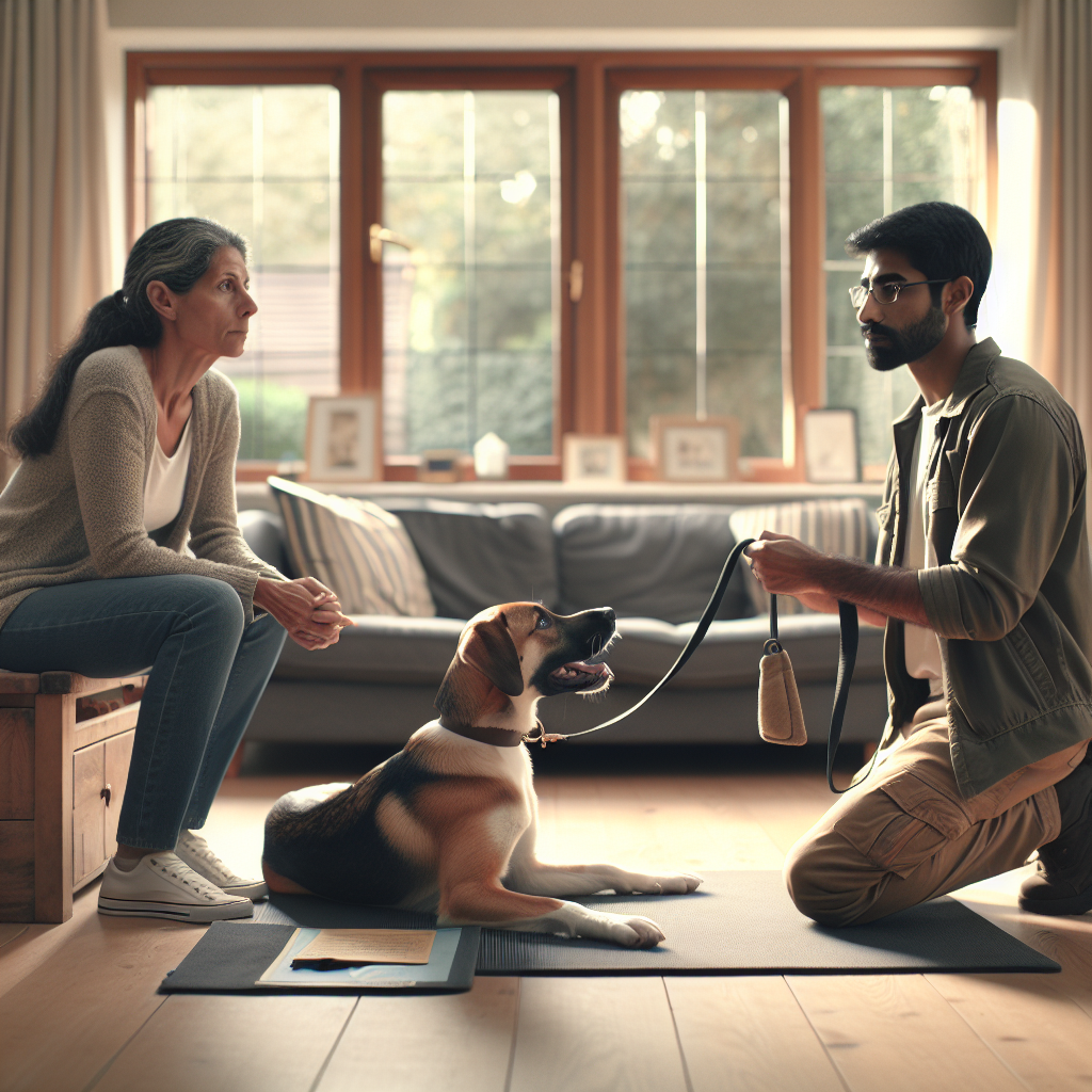 Trainer guiding a family through place training with their dog in a bright UK living room