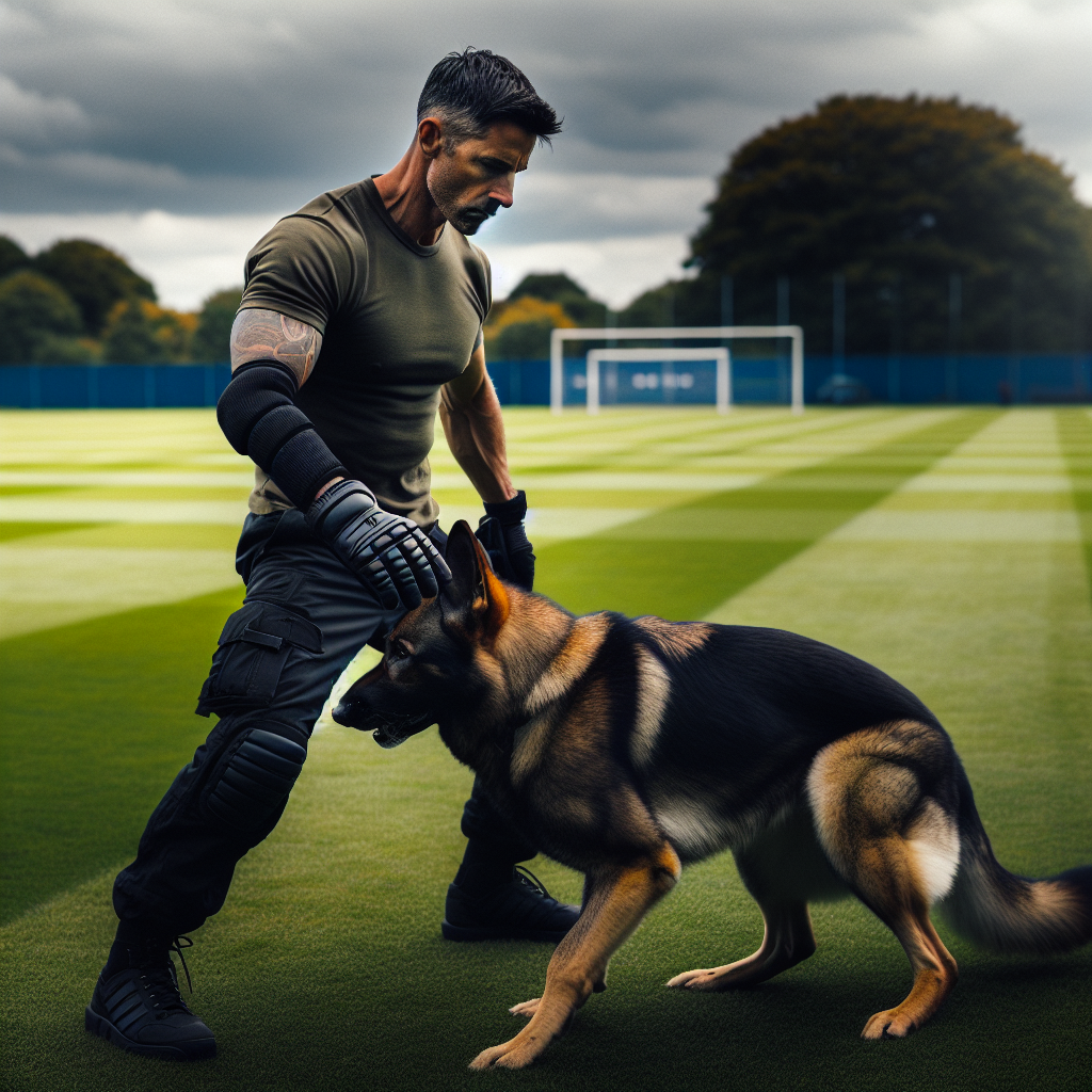 Smart trainer guiding a German Shepherd through a clean out and guard on a UK IGP field