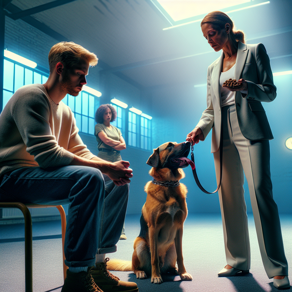 SMDT coaching a calm heel and settle with a quiet mixed breed dog in a UK training studio