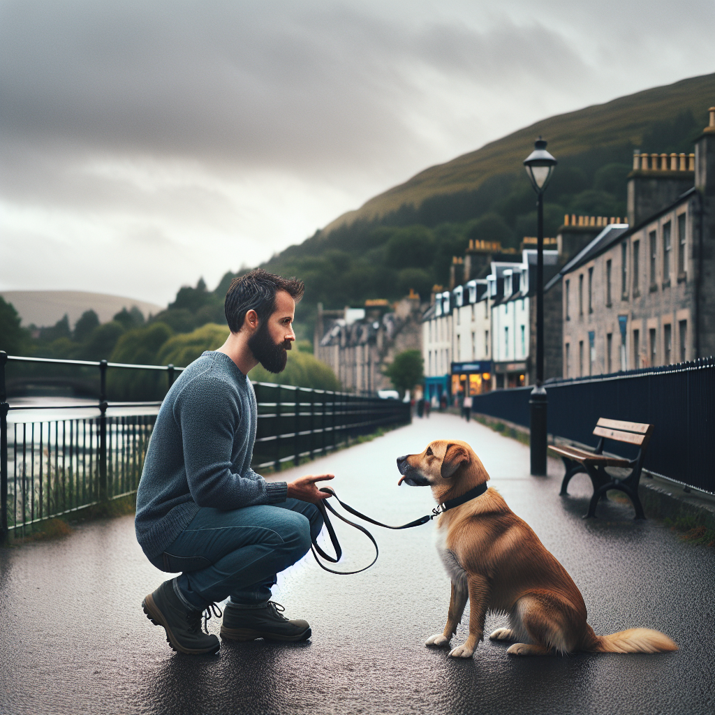 Trainer practising loose lead walking and sit-stay with a mixed-breed dog beside a riverside path in a Scottish town